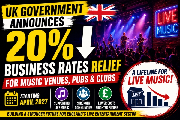 UK Government Announces 20% Business Rates Relief for Music Venues from 2027
